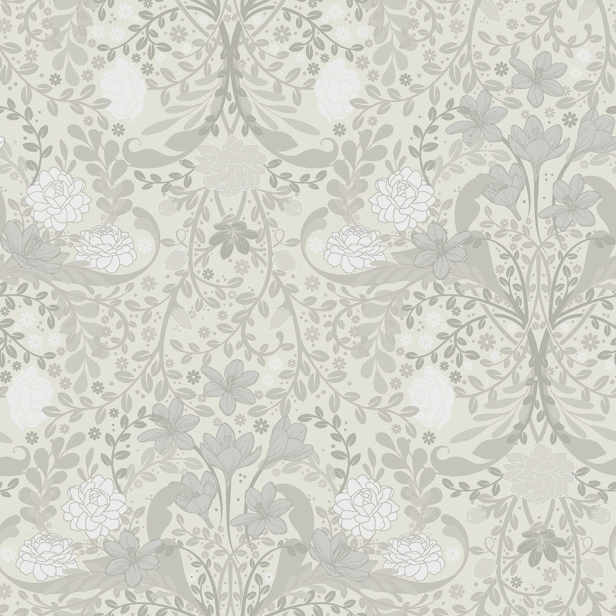 Froso Light Grey Garden Damask Wallpaper with Botanical Floral Pattern, Modern Non Woven Unpasted - Brewster 2999-24107