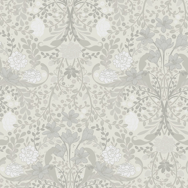 Froso Light Grey Garden Damask Wallpaper with Botanical Floral Pattern, Modern Non Woven Unpasted - Brewster 2999-24107