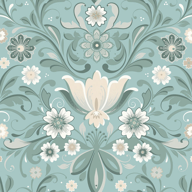 Ostanskar Turquoise Retro Floral Wallpaper with Botanical Flowers Motif - A-Street Prints 2999-24111