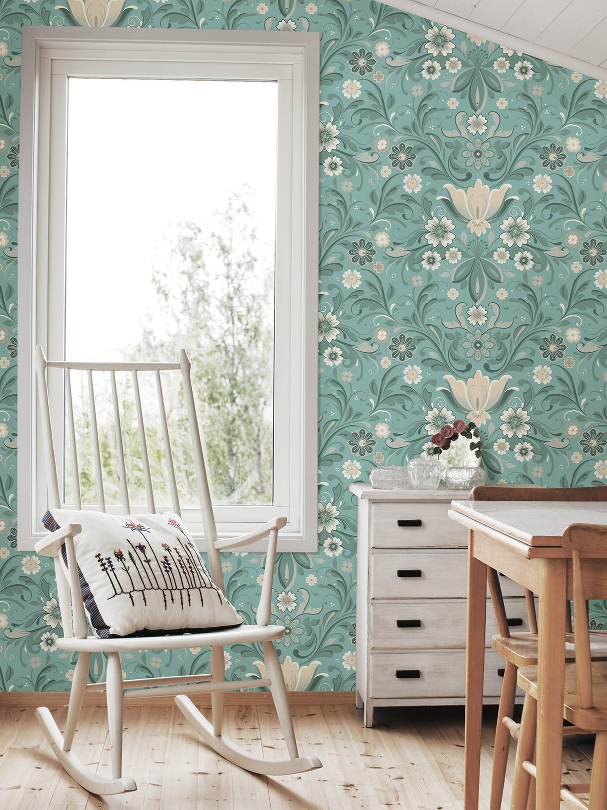 Ostanskar Turquoise Retro Floral Wallpaper with Botanical Flowers Motif - A-Street Prints 2999-24111
