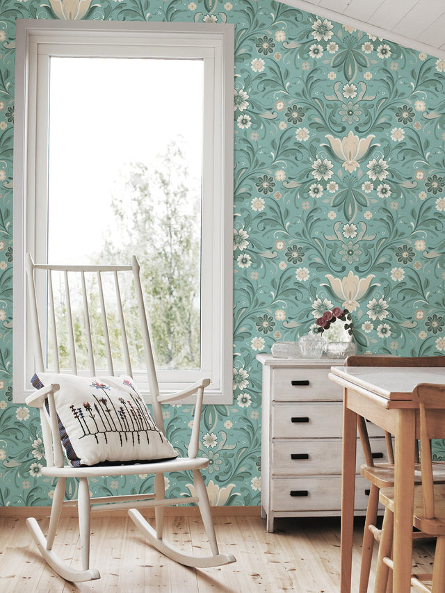 Ostanskar Turquoise Retro Floral Wallpaper with Botanical Flowers Motif - A-Street Prints 2999-24111