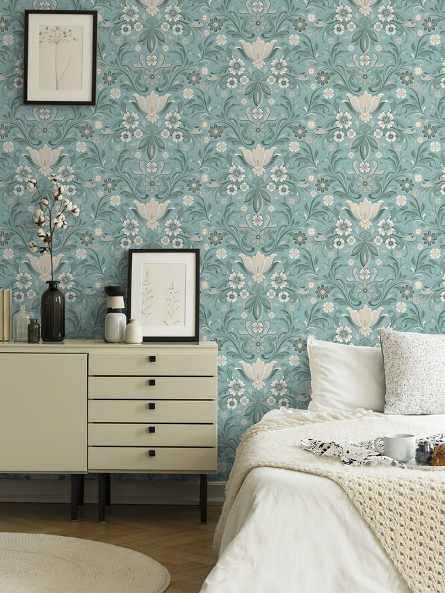 Ostanskar Turquoise Retro Floral Wallpaper with Botanical Flowers Motif - A-Street Prints 2999-24111