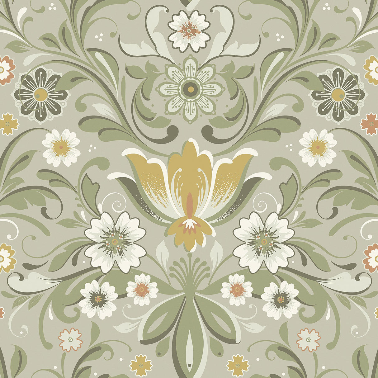 Ostanskar Green Retro Floral Wallpaper with Botanical Flowers Motif - A-Street Prints 2999-24113