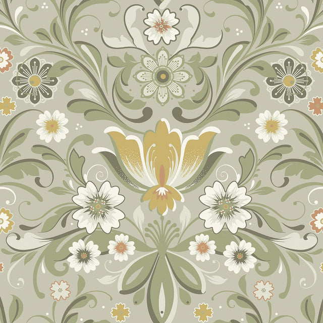 Ostanskar Green Retro Floral Wallpaper with Botanical Flowers Motif - A-Street Prints 2999-24113