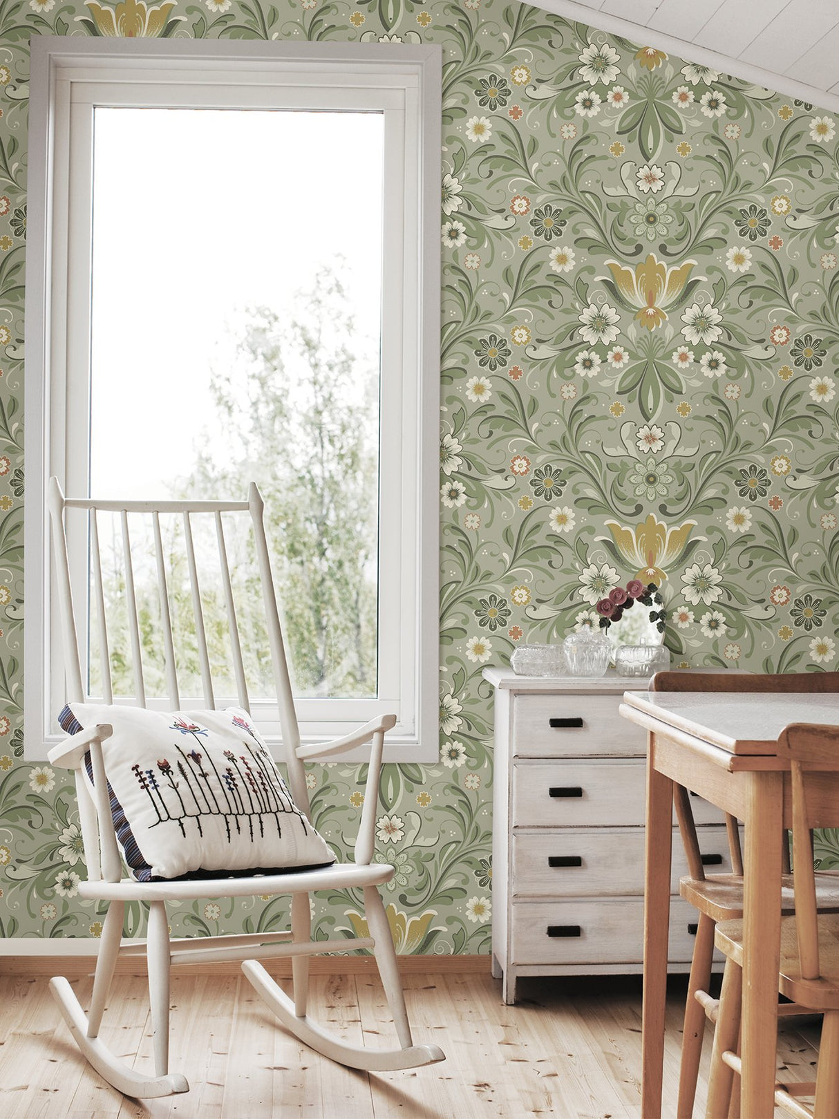 Ostanskar Green Retro Floral Wallpaper with Botanical Flowers Motif - A-Street Prints 2999-24113