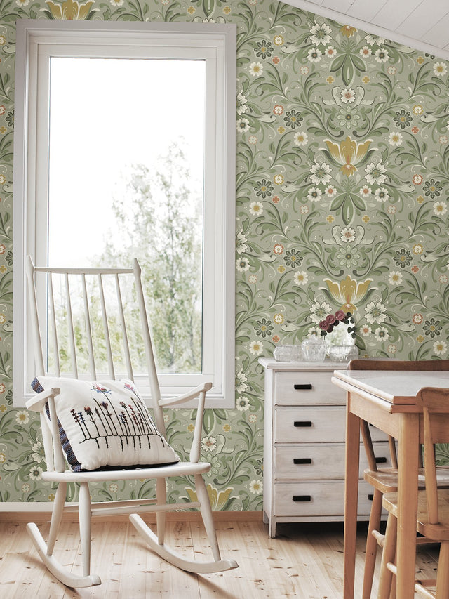 Ostanskar Green Retro Floral Wallpaper with Botanical Flowers Motif - A-Street Prints 2999-24113