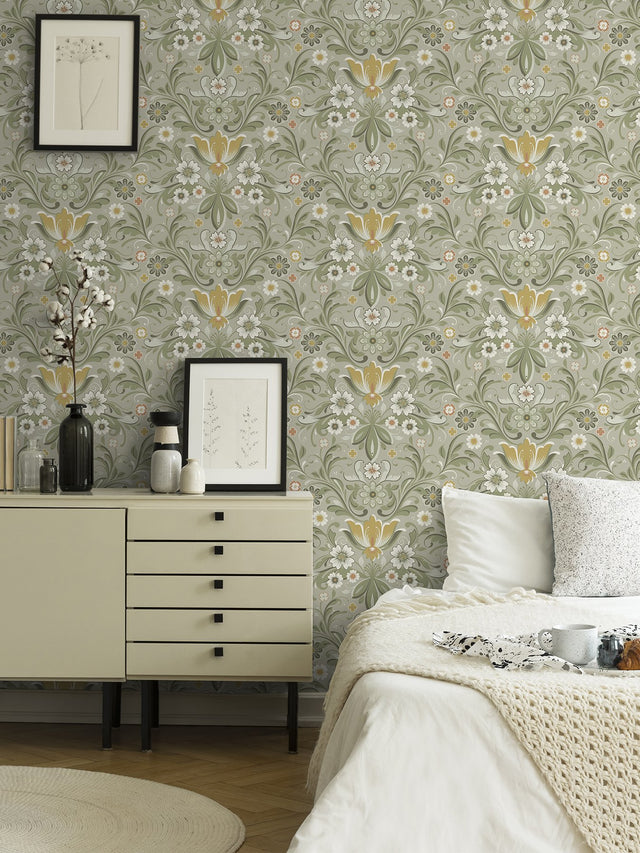 Ostanskar Green Retro Floral Wallpaper with Botanical Flowers Motif - A-Street Prints 2999-24113