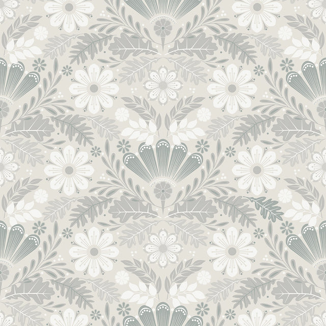 Klockrike Light Grey Botanical Damask Wallpaper with Farmhouse Floral Pattern - A-Street Prints 2999-24125