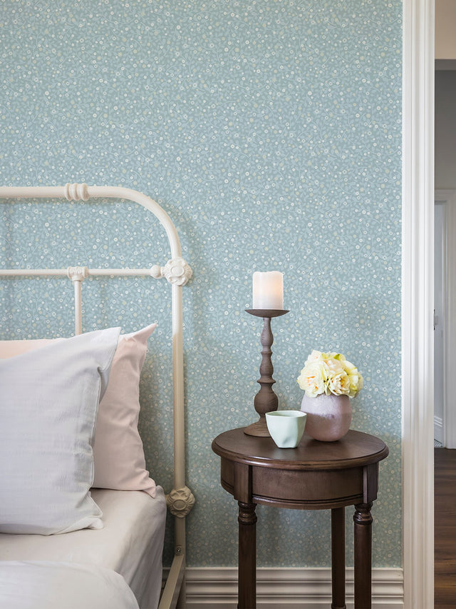 Hummelvik Blue Daisy Trail Wallpaper with Botanical Vine Pattern, Farmhouse Style - Brewster 2999-24130