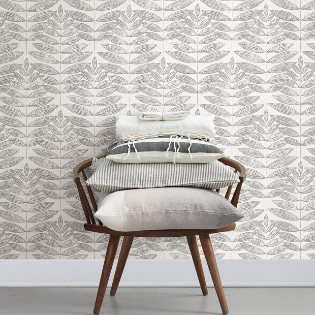 Akira Grey Leaf Wallpaper with Botanical Leaf Block Print - A?Street Prints 2999-25101