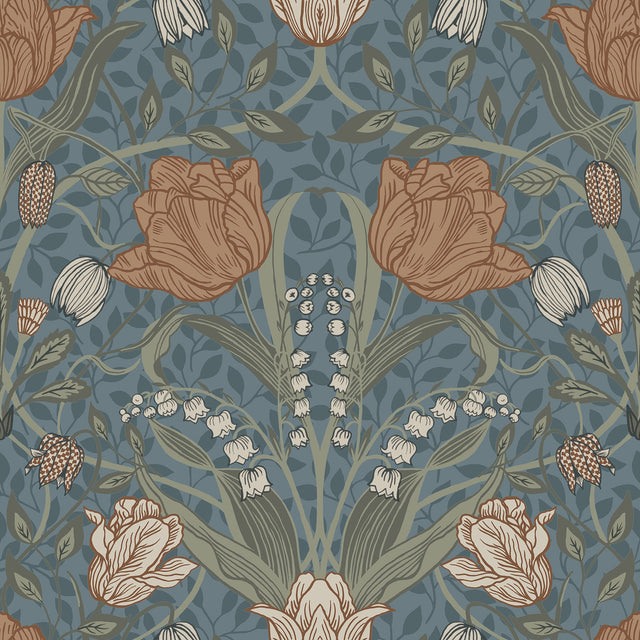 Filippa Blue Tulip Wallpaper with Botanical Floral Pattern, Modern Non Woven - A-Street Prints 2999-33009