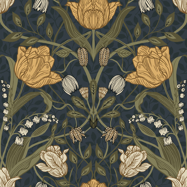 Filippa Navy Tulip Wallpaper with Botanical Floral Pattern, Modern Style - A-Street Prints 2999-44106