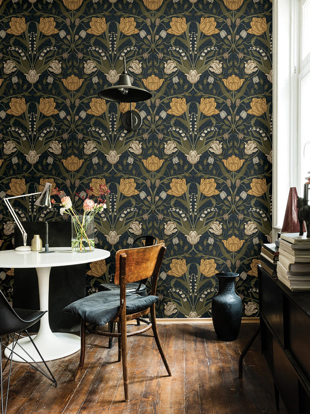 Filippa Navy Tulip Wallpaper with Botanical Floral Pattern, Modern Style - A-Street Prints 2999-44106