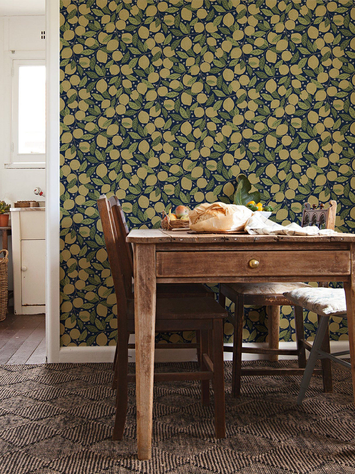 Lemona Navy Fruit Tree Wallpaper with Botanical Lemon Motif - A-Street Prints 2999-44118
