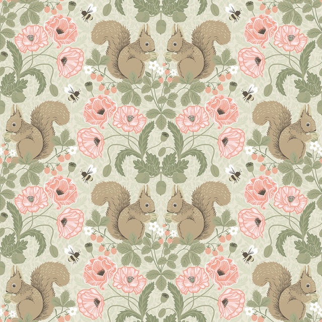 Kurre Pink Woodland Damask Wallpaper with Whimsical Squirrels & Floral Motif - A-Street Prints 2999-44120