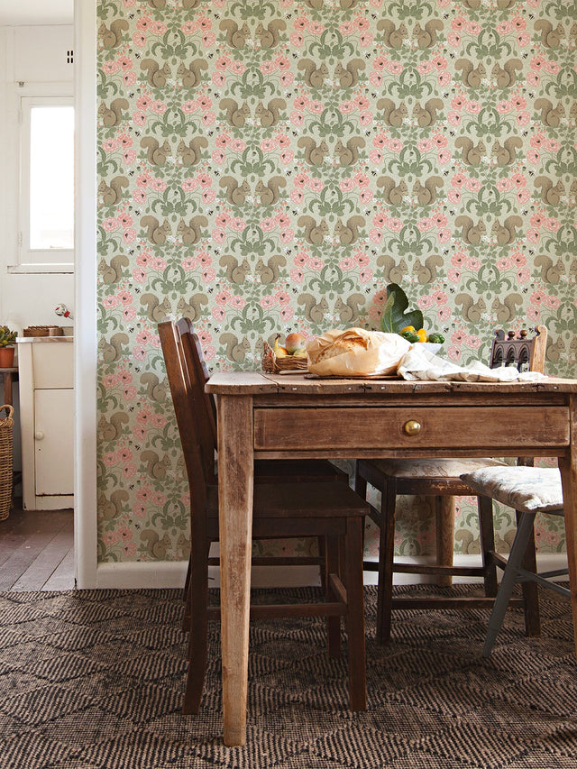 Kurre Pink Woodland Damask Wallpaper with Whimsical Squirrels & Floral Motif - A-Street Prints 2999-44120