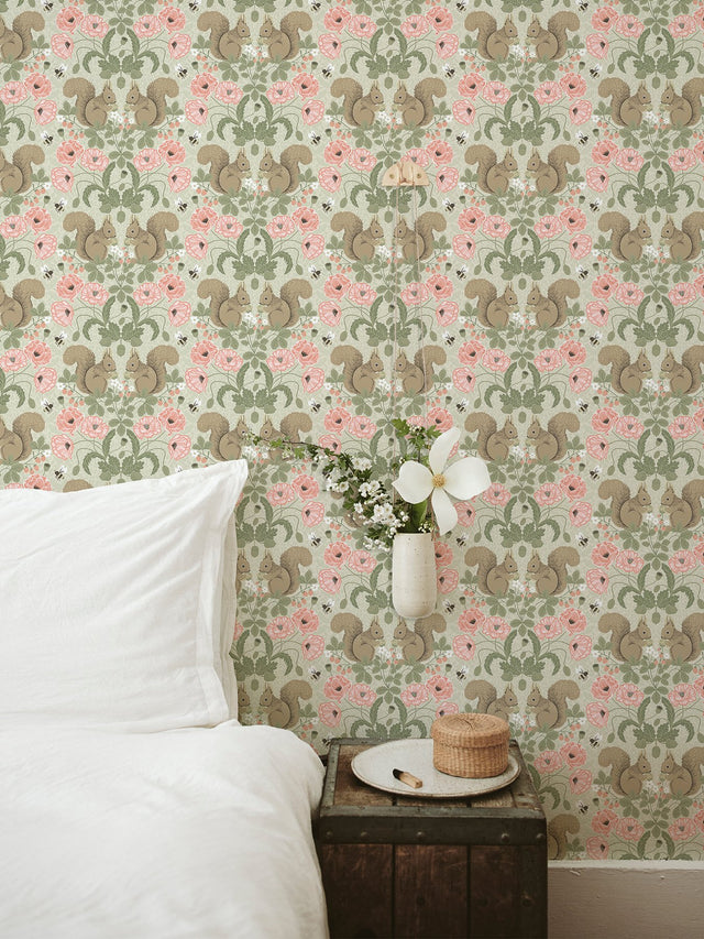 Kurre Pink Woodland Damask Wallpaper with Whimsical Squirrels & Floral Motif - A-Street Prints 2999-44120