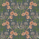 Kurre Blue Woodland Damask Wallpaper with Whimsical Squirrels, Bees and Floral Motif - Brewster 2999-44122