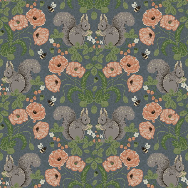 Kurre Blue Woodland Damask Wallpaper with Whimsical Squirrels, Bees and Floral Motif - Brewster 2999-44122