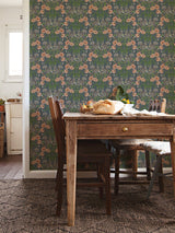 Kurre Blue Woodland Damask Wallpaper with Whimsical Squirrels, Bees and Floral Motif - Brewster 2999-44122
