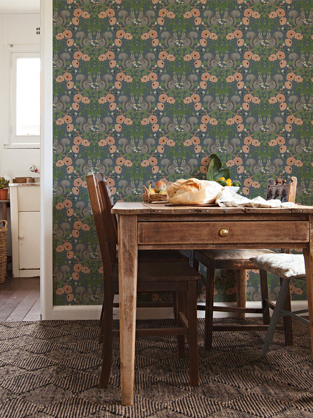 Kurre Blue Woodland Damask Wallpaper with Whimsical Squirrels, Bees and Floral Motif - Brewster 2999-44122