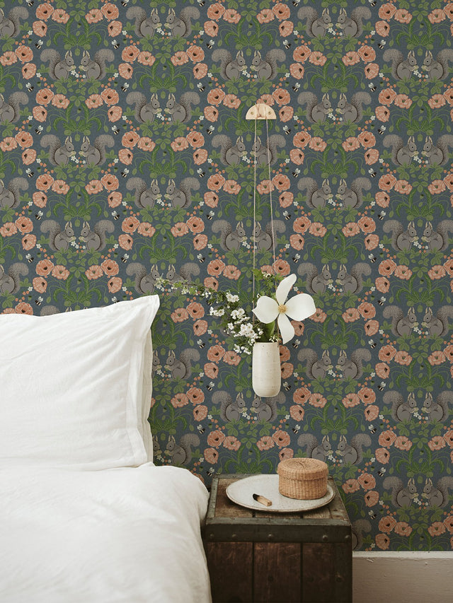 Kurre Blue Woodland Damask Wallpaper with Whimsical Squirrels, Bees and Floral Motif - Brewster 2999-44122