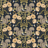 Kurre Dark Blue Woodland Damask Wallpaper with Whimsical Squirrels and Floral Motif - Brewster 2999-44123
