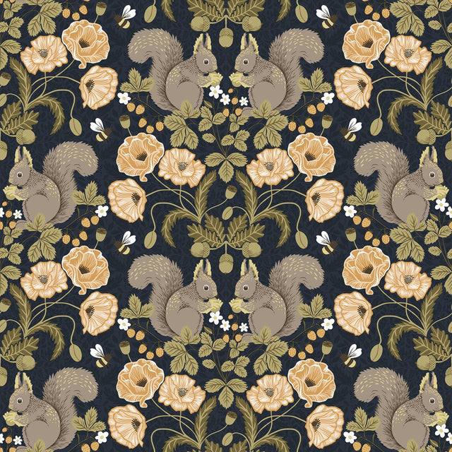 Kurre Dark Blue Woodland Damask Wallpaper with Whimsical Squirrels and Floral Motif - Brewster 2999-44123