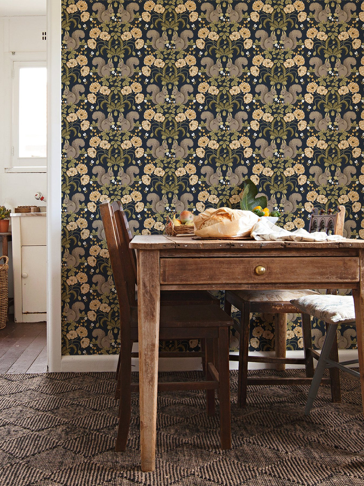 Kurre Dark Blue Woodland Damask Wallpaper with Whimsical Squirrels and Floral Motif - Brewster 2999-44123