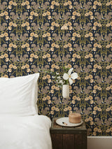 Kurre Dark Blue Woodland Damask Wallpaper with Whimsical Squirrels and Floral Motif - Brewster 2999-44123