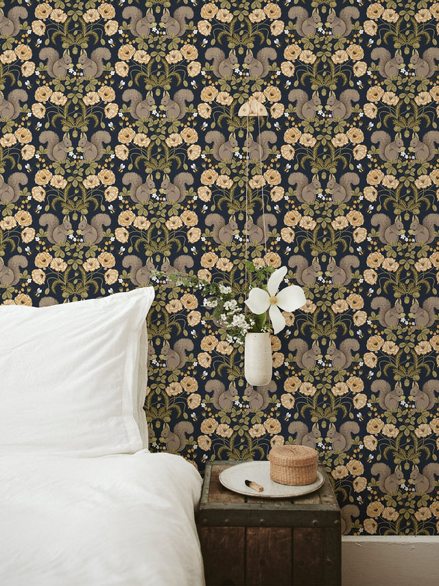 Kurre Dark Blue Woodland Damask Wallpaper with Whimsical Squirrels and Floral Motif - Brewster 2999-44123