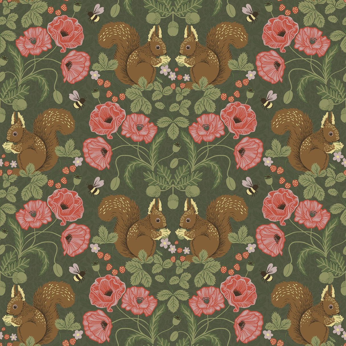 Kurre Dark Green Woodland Damask Wallpaper with Whimsical Animal Motif - A-Street Prints 2999-44124