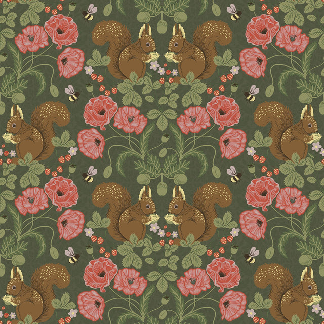 Kurre Dark Green Woodland Damask Wallpaper with Whimsical Animal Motif - A-Street Prints 2999-44124