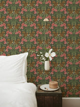 Kurre Dark Green Woodland Damask Wallpaper with Whimsical Animal Motif - A-Street Prints 2999-44124