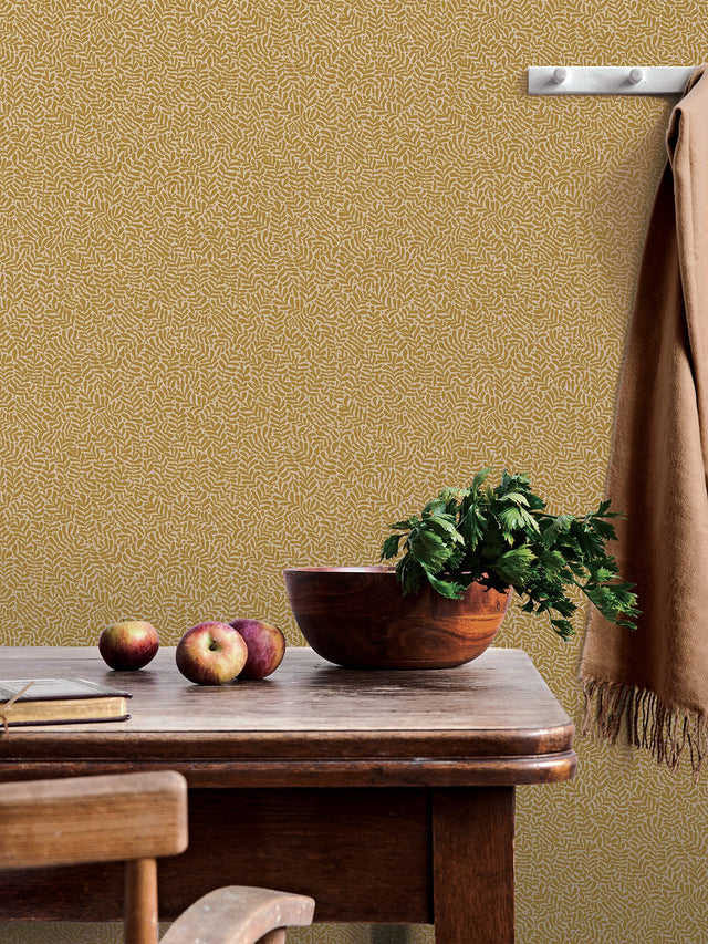 Anna Mustard Fern Trail Wallpaper with Botanical Leaf Motif, Scandinavian Style - A-Street Prints 2999-55003