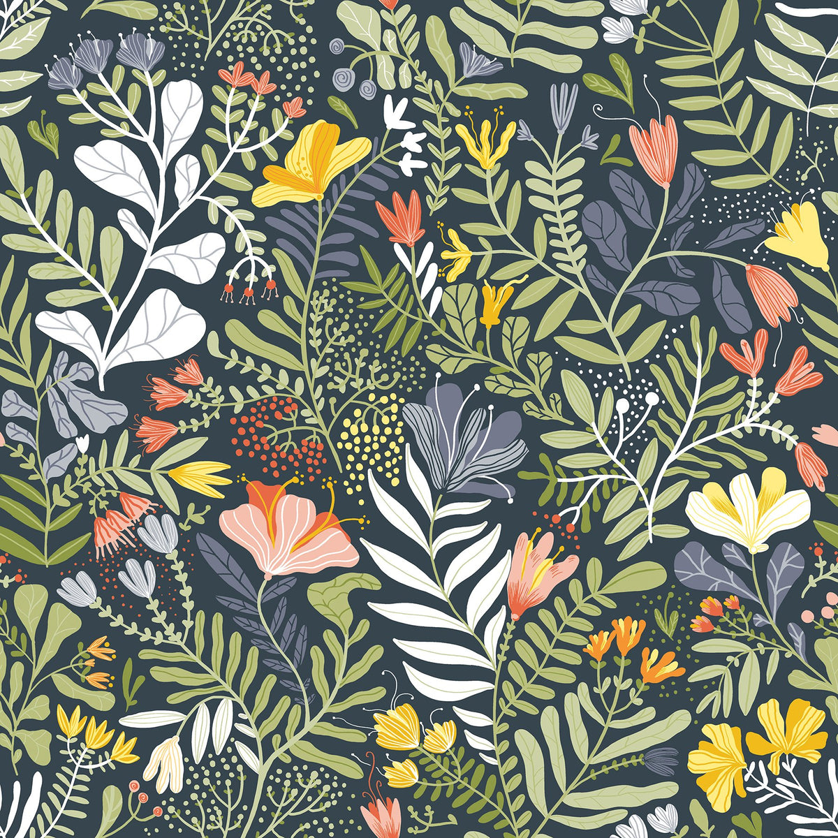 Brittsommar Navy Blue Woodland Floral Wallpaper with Botanical Flowers ...