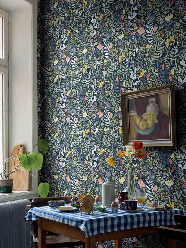Brittsommar Navy Blue Woodland Floral Wallpaper with Botanical Flowers Motif, Modern Non Woven - A-Street Prints 2999-55010