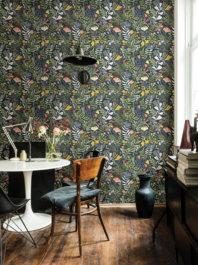 Brittsommar Navy Blue Woodland Floral Wallpaper with Botanical Flowers Motif, Modern Non Woven - A-Street Prints 2999-55010