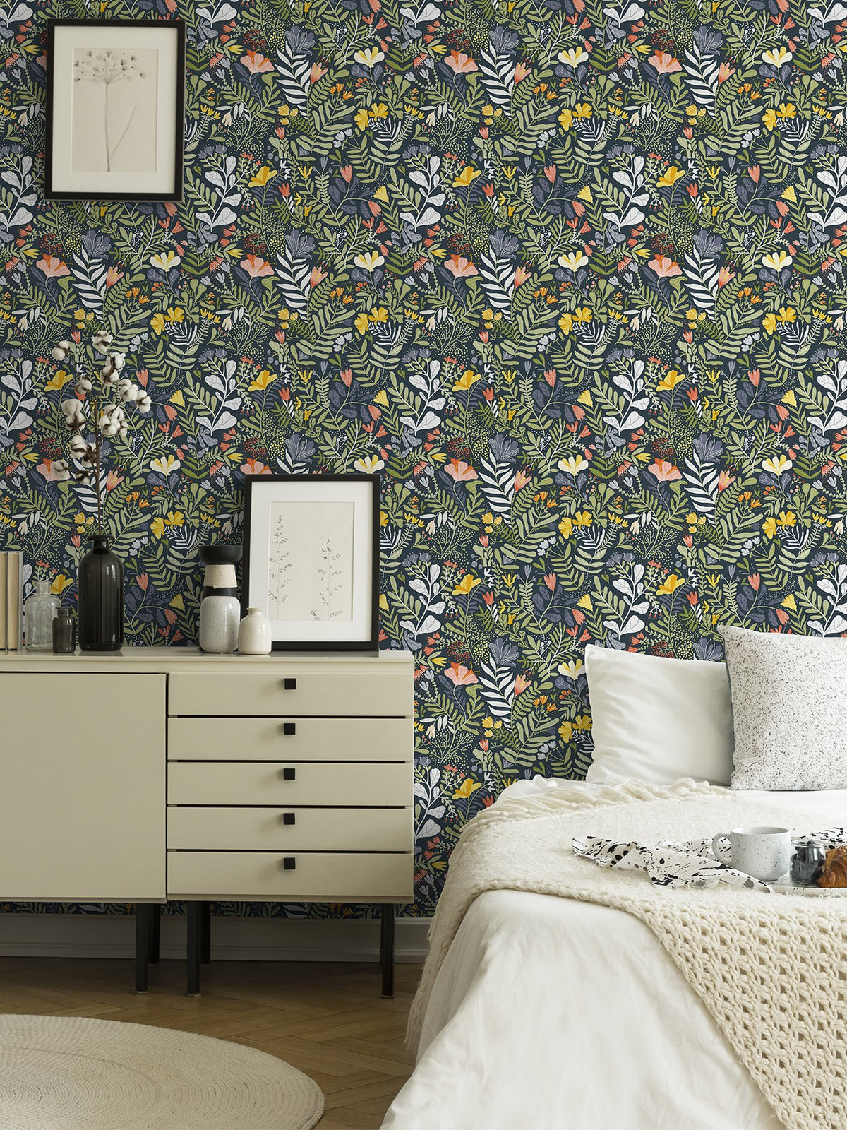 Brittsommar Navy Blue Woodland Floral Wallpaper with Botanical Flowers ...