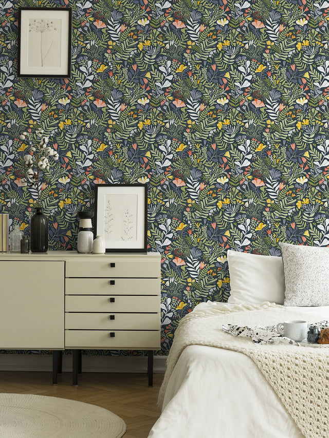 Brittsommar Navy Blue Woodland Floral Wallpaper with Botanical Flowers Motif, Modern Non Woven - A-Street Prints 2999-55010