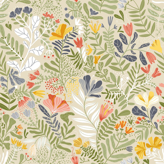 Brittsommar Beige Green Woodland Floral Wallpaper with Modern Botanical Flowers Motif - A-Street Prints 2999-55011