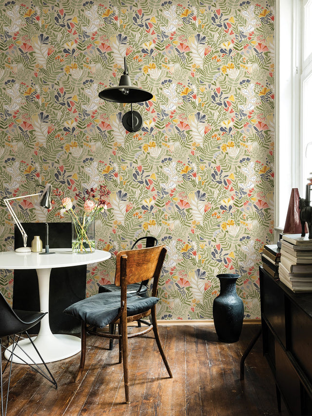 Brittsommar Beige Green Woodland Floral Wallpaper with Modern Botanical Flowers Motif - A-Street Prints 2999-55011
