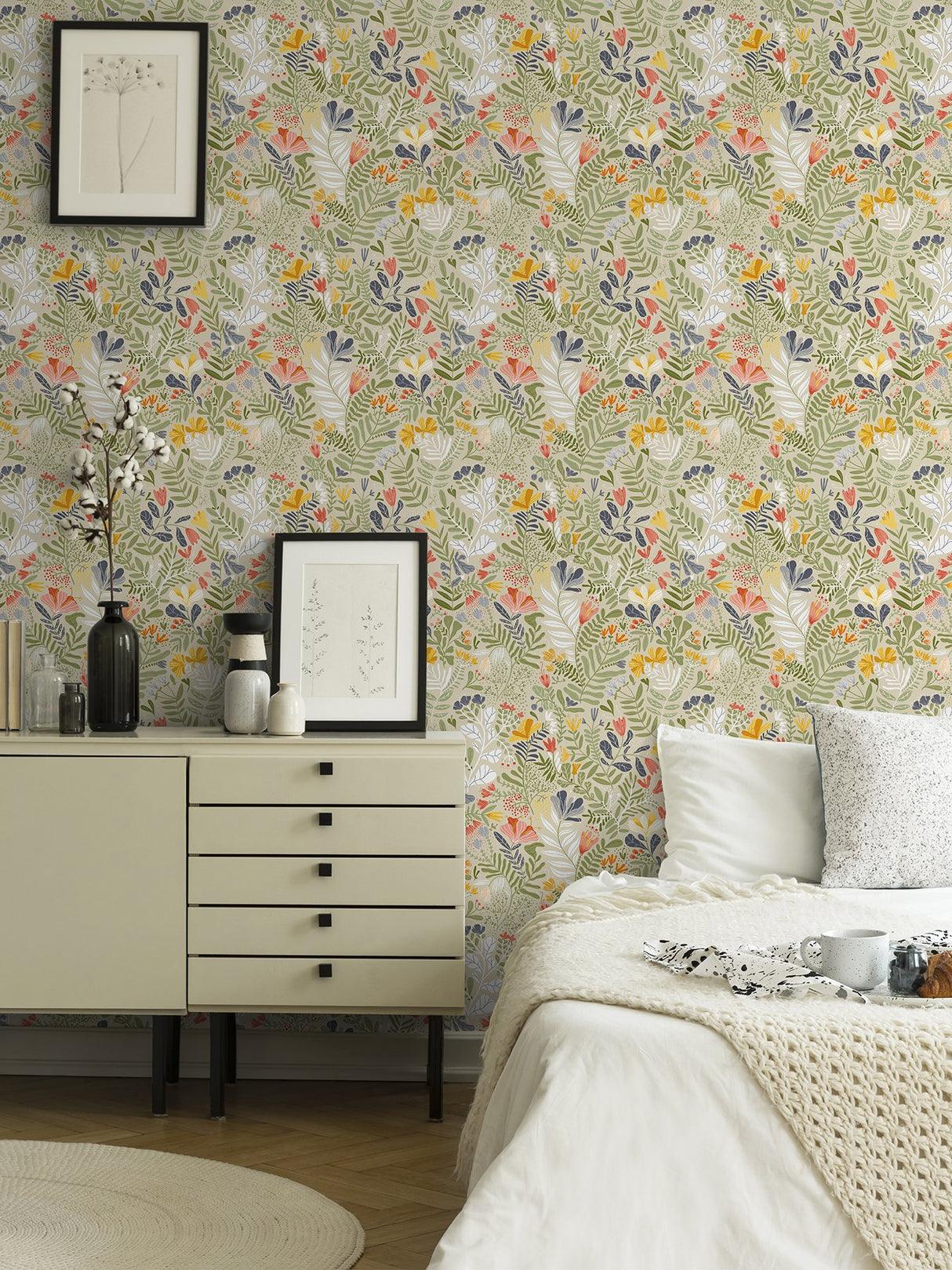 Brittsommar Beige Green Woodland Floral Wallpaper with Modern Botanical Flowers Motif - A-Street Prints 2999-55011