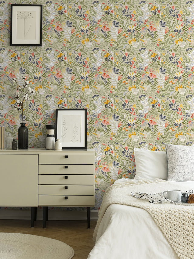 Brittsommar Beige Green Woodland Floral Wallpaper with Modern Botanical Flowers Motif - A-Street Prints 2999-55011