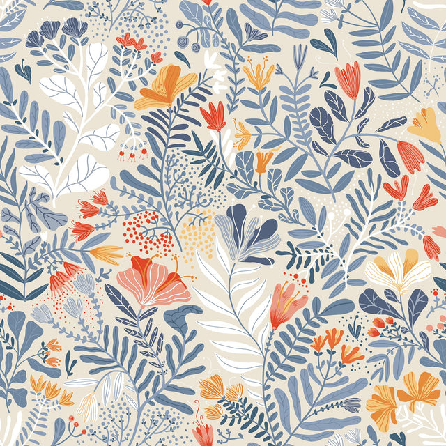 Brittsommar Light Blue Woodland Floral Wallpaper with Modern Botanical Flowers - Brewster 2999-55013