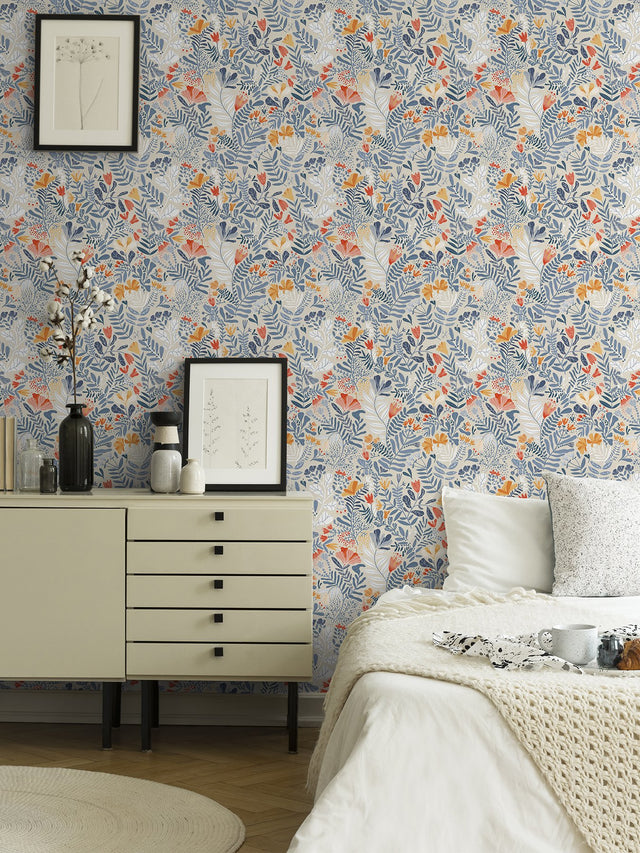 Brittsommar Light Blue Woodland Floral Wallpaper with Modern Botanical Flowers - Brewster 2999-55013