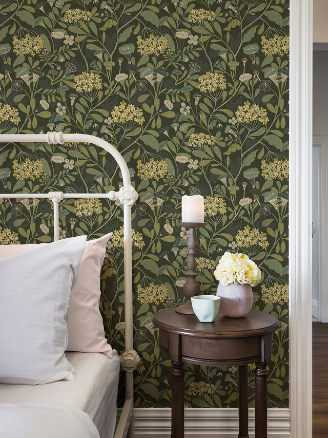Hybbe Dark Green Hydrangea Garden Wallpaper with Botanical Flower Motif - A-Street Prints 2999-55022