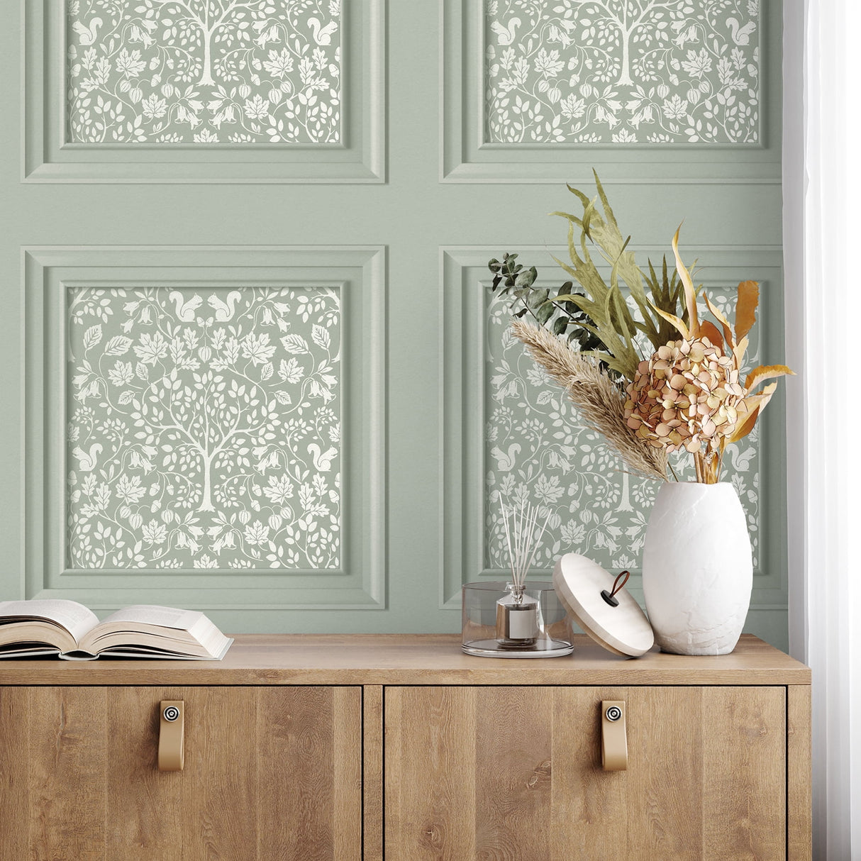 Edwina Sage by Fine Decor Woodland Panel Wallpaper – Brewster Home Fashions FD43711