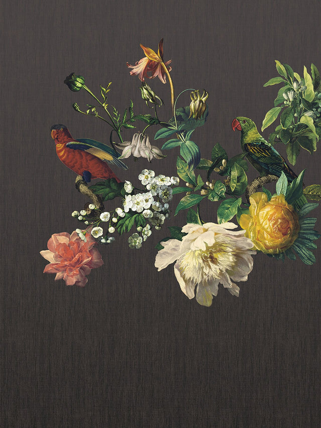 Big Birds Black Wall Mural with Vintage Botanical Floral Pattern - Eijffinger EJ307400