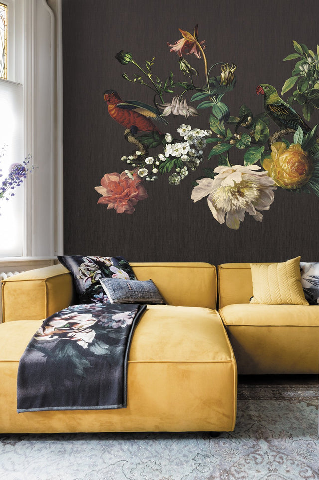Big Birds Black Wall Mural with Vintage Botanical Floral Pattern - Eijffinger EJ307400
